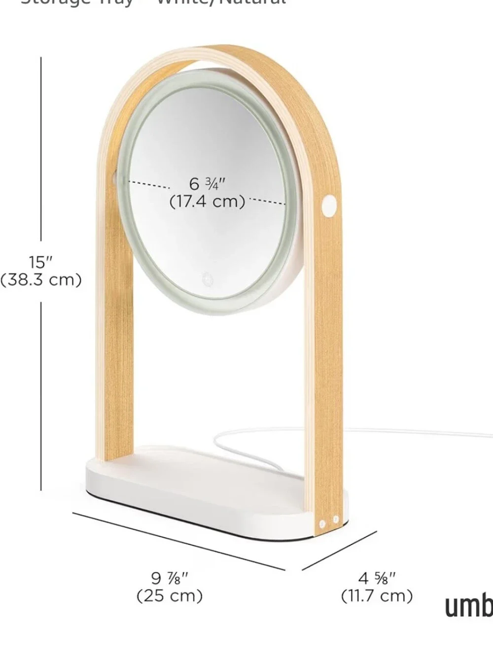 Umbra LED Vanity Mirror in Natural Wood and White with Warm Light